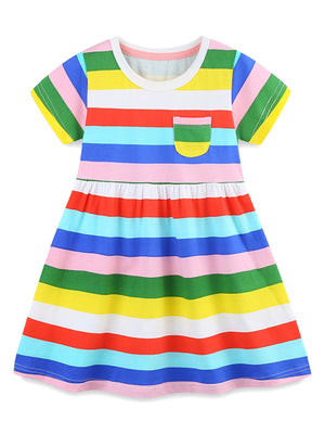 Toddler rainbow striped cotton dress with short sleeves, round neck, and chest pocket.