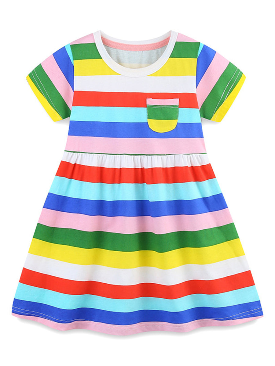 Toddler rainbow striped cotton dress with short sleeves, round neck, and chest pocket.