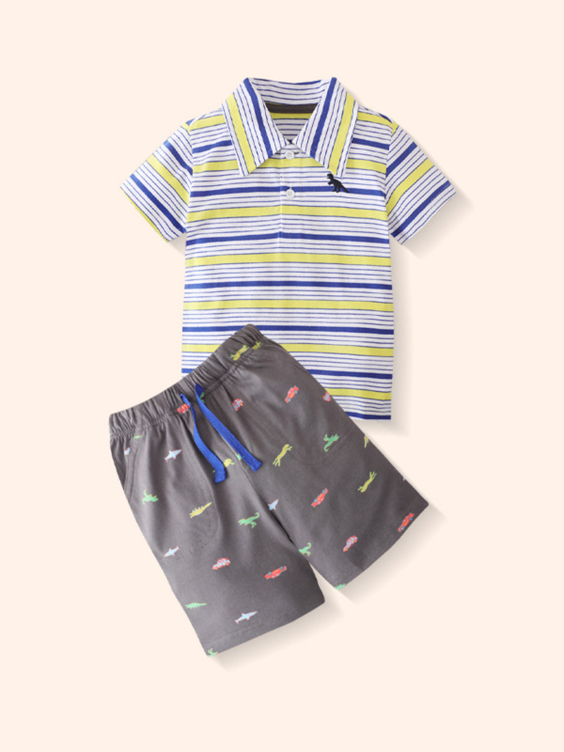 Baby boys striped polo shirt with dinosaur print shorts set