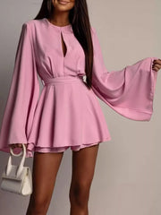 Tan mini dress with lined and flare sleeve