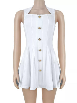Black A-line mini dress with square neck