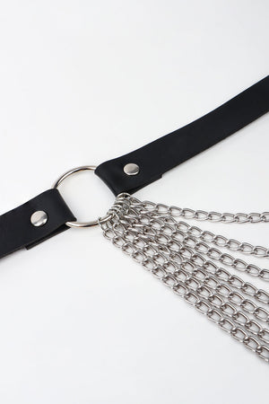 Black leather waist harness with cascading silver chains and silver hardware.