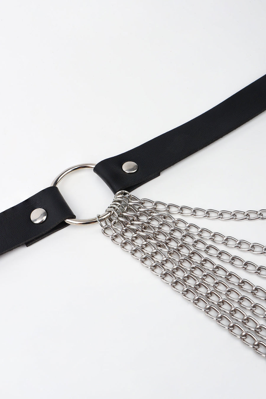 Black leather waist harness with cascading silver chains and silver hardware.