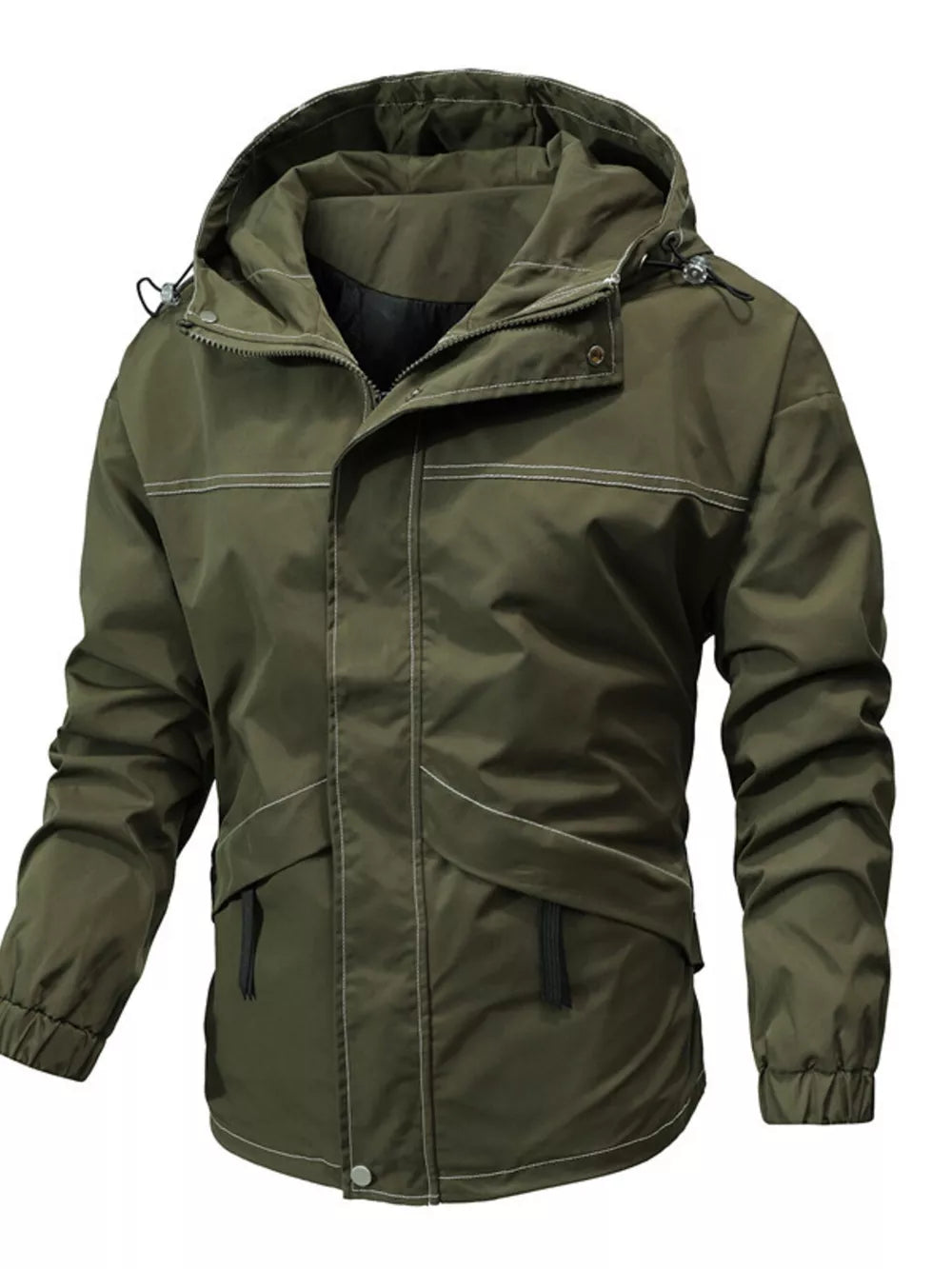 Green hooded jacket with white contrast stitching and drawstring details
