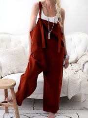 Burgundy linen jumpsuit with tie straps and patch pockets
