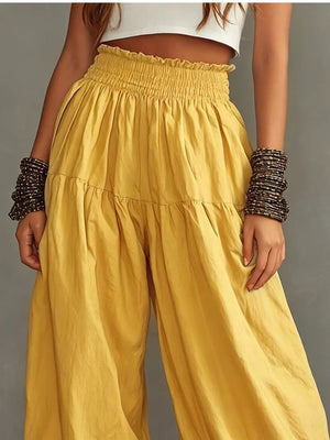Mustard with Full Size Smocked Ruffle Hem Wide Leg Pants