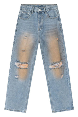 Light blue wide leg jeans with faded wash and distressed details.