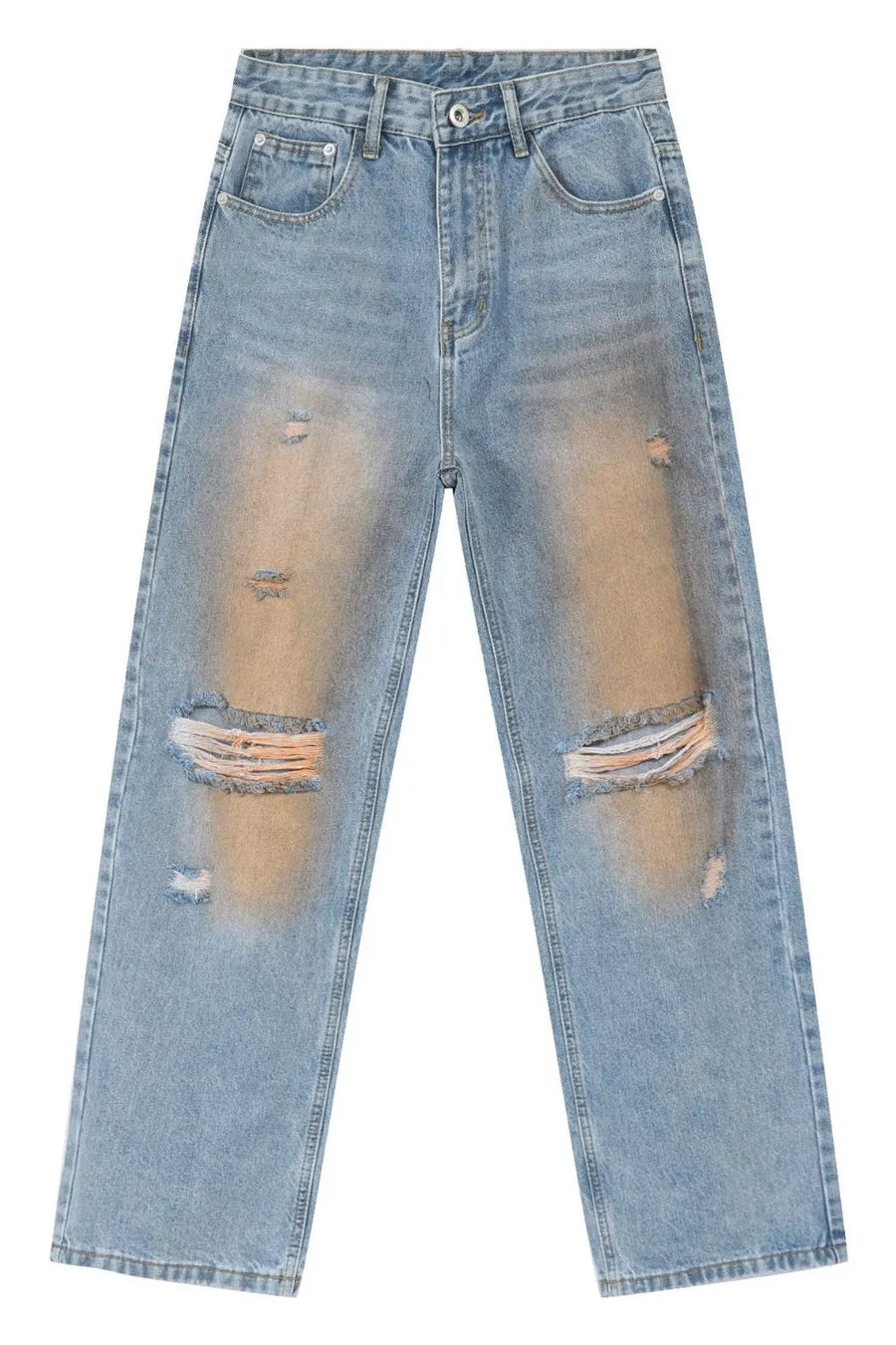 Light blue wide leg jeans with faded wash and distressed details.