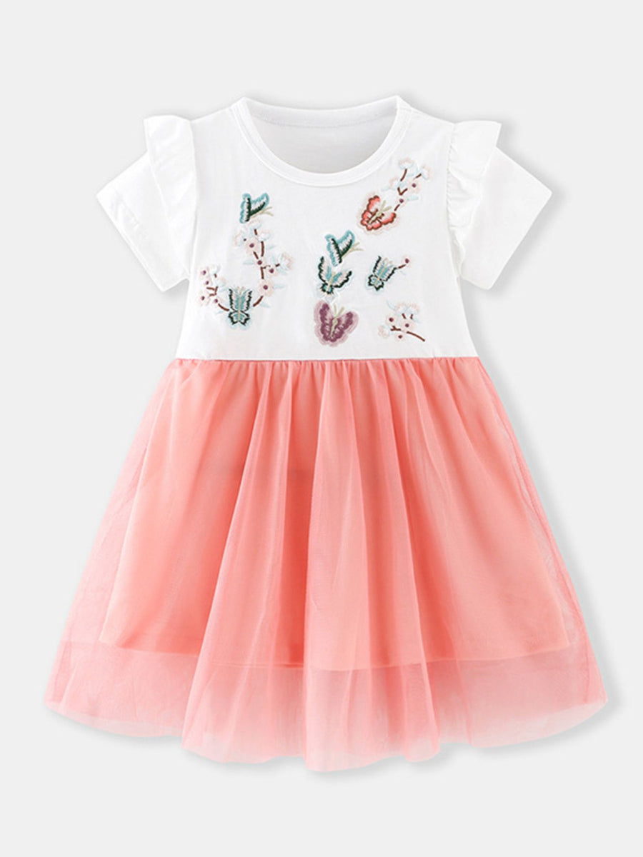 Toddler white cotton dress with embroidered butterflies and pink tulle skirt.