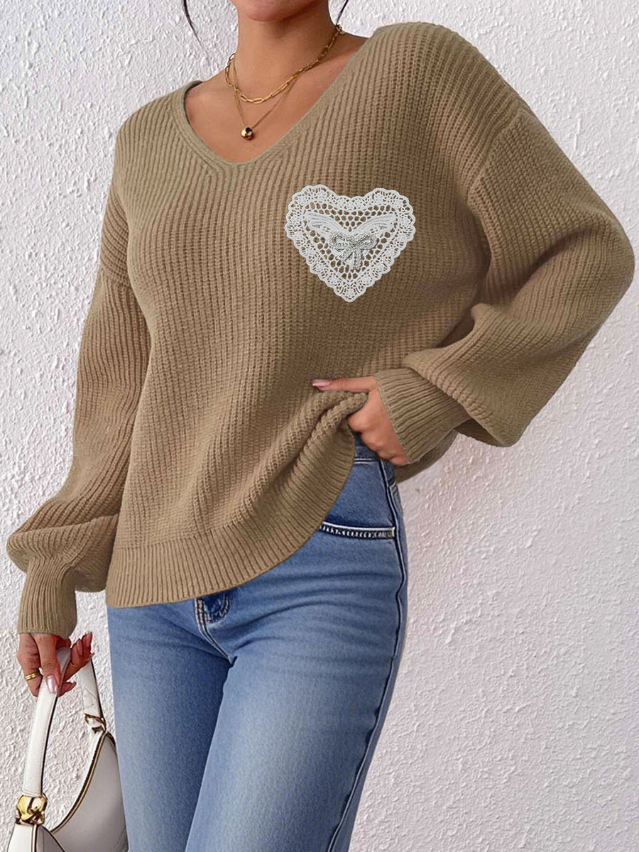 pullover sweater in Orange with lace and hip-length