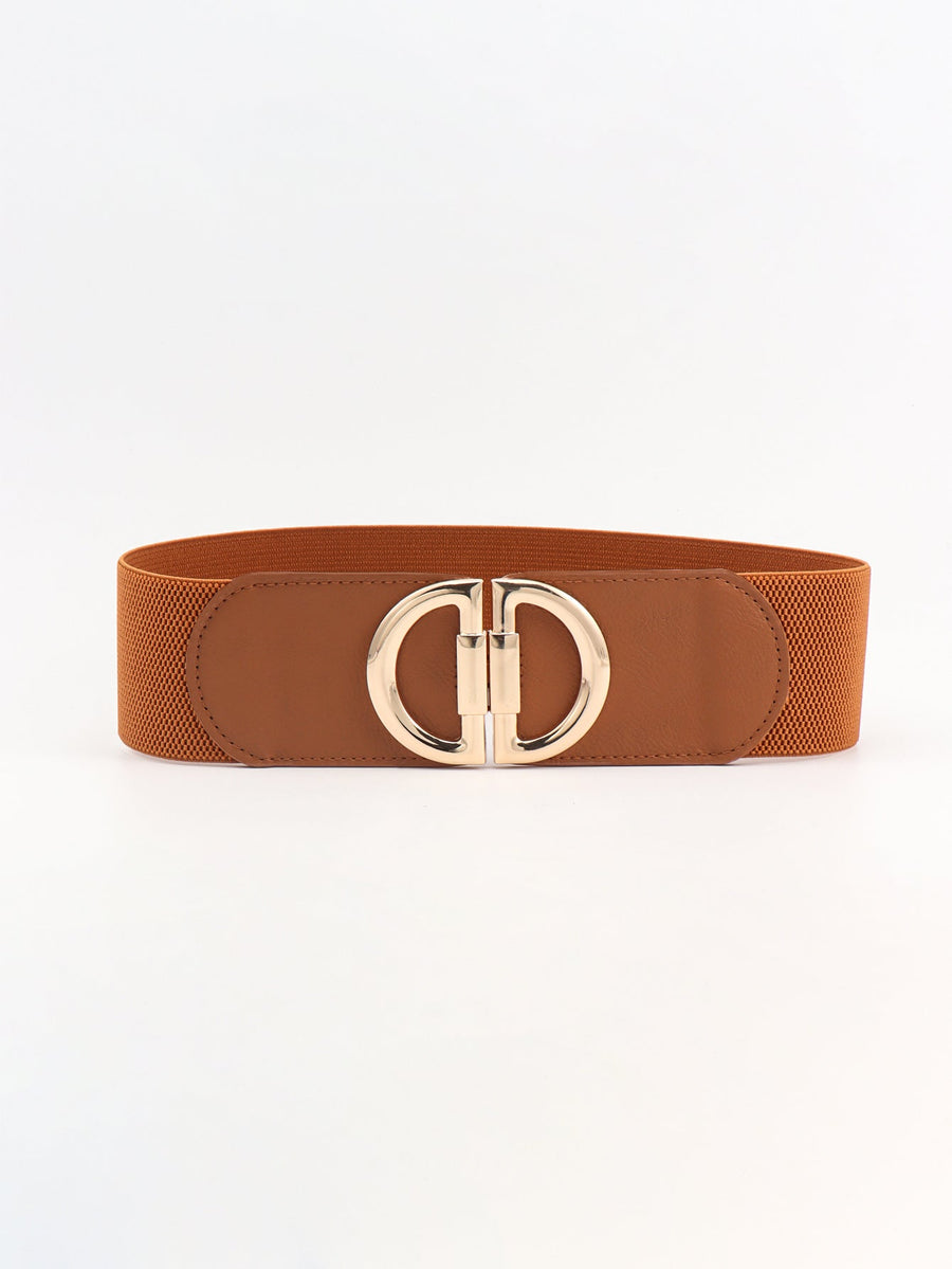 Caramel elastic belt with double D gold buckle