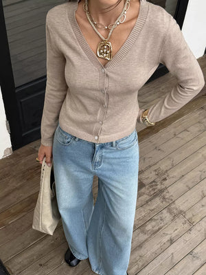 Khaki with V-neck Button-up Cardigan