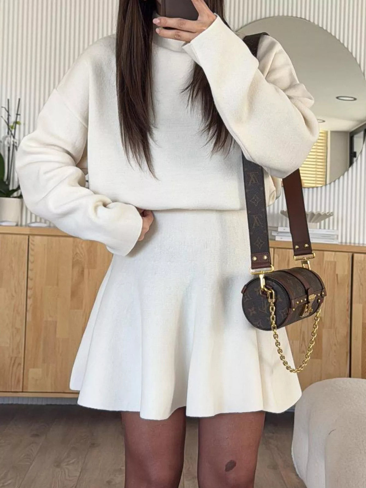 White turtleneck sweater and flared skirt set, casual knit outfit for women