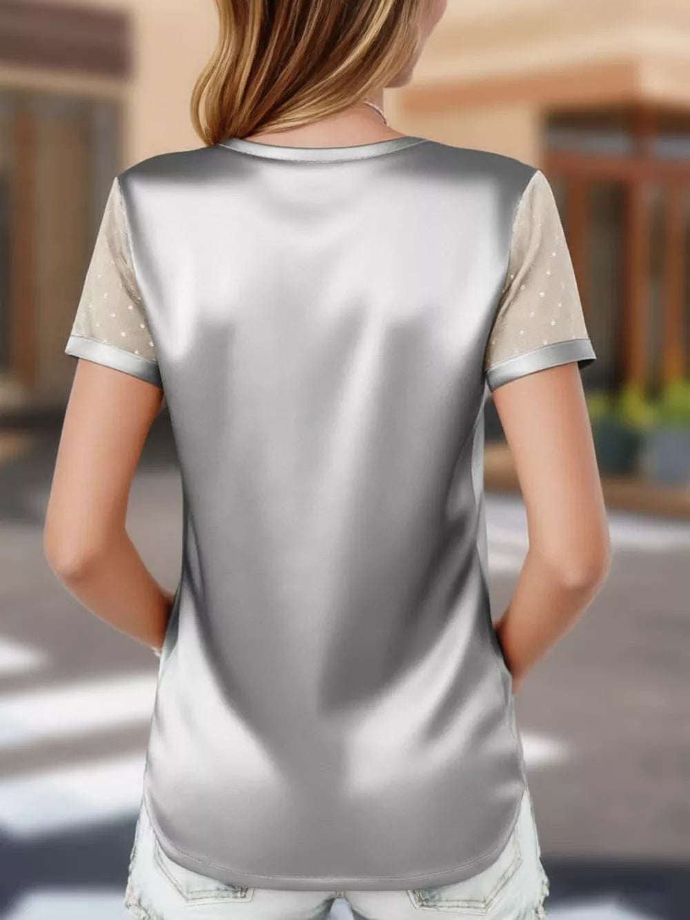 Silver gray V-neck satin t-shirt with sheer polka dot sleeves