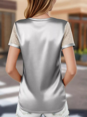 Silver gray V-neck satin t-shirt with sheer polka dot sleeves