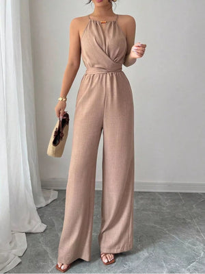 jumpsuit in tan featuring tied and flared fit