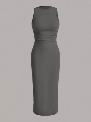 Sleeveless round neck midi dress in charcoal with ruched waist detail.