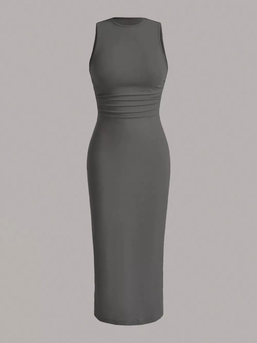 Sleeveless round neck midi dress in charcoal with ruched waist detail.