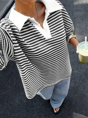 Brown with Striped Knit 3/4 Sleeve Polo Top