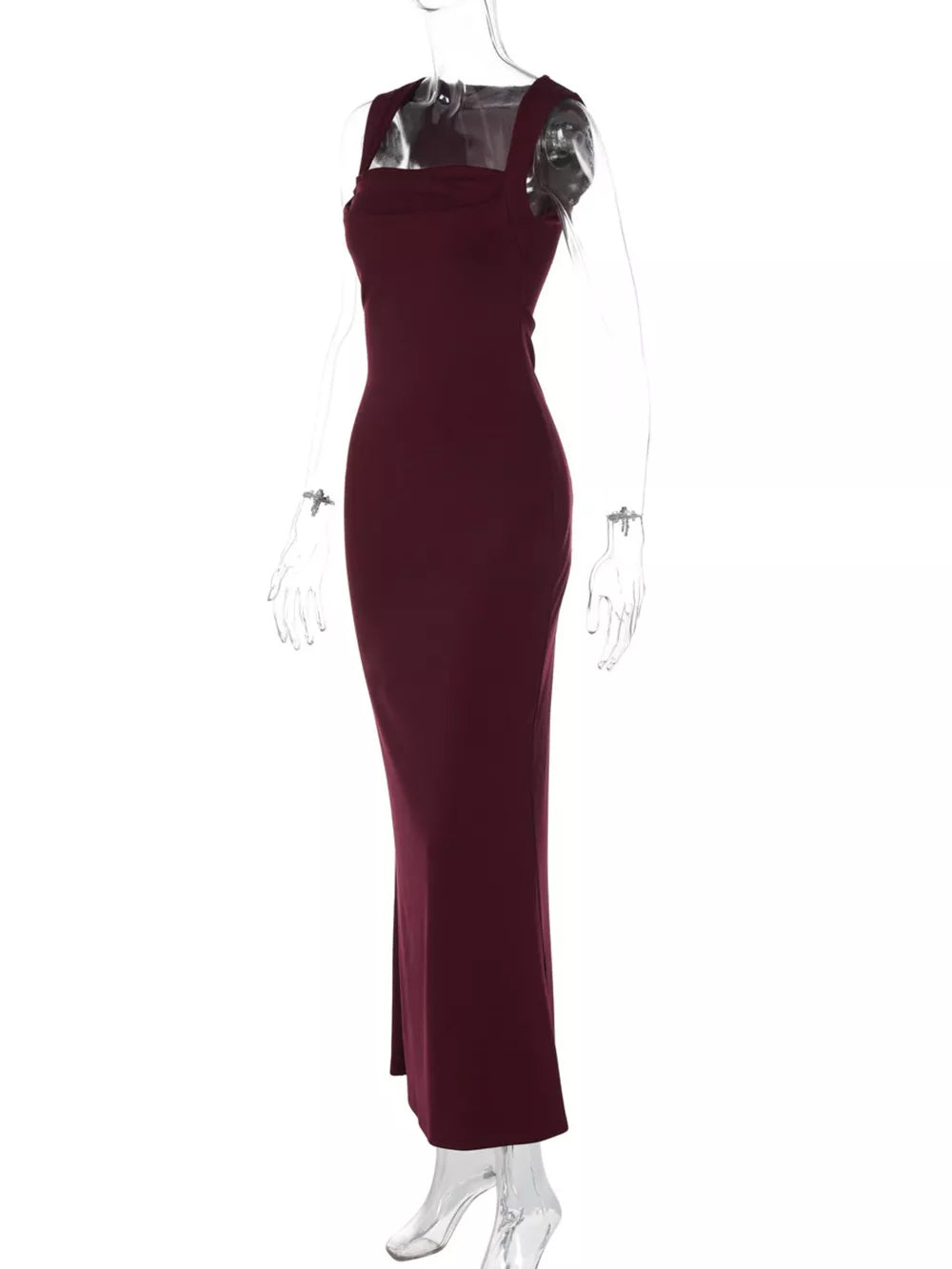 Wine red bodycon maxi dress with square neckline and wide straps.