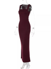 Wine red bodycon maxi dress with square neckline and wide straps.