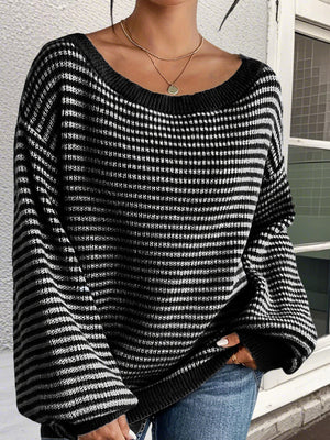 Off-Shoulder Oversized Ribbed Knit Sweater in Black