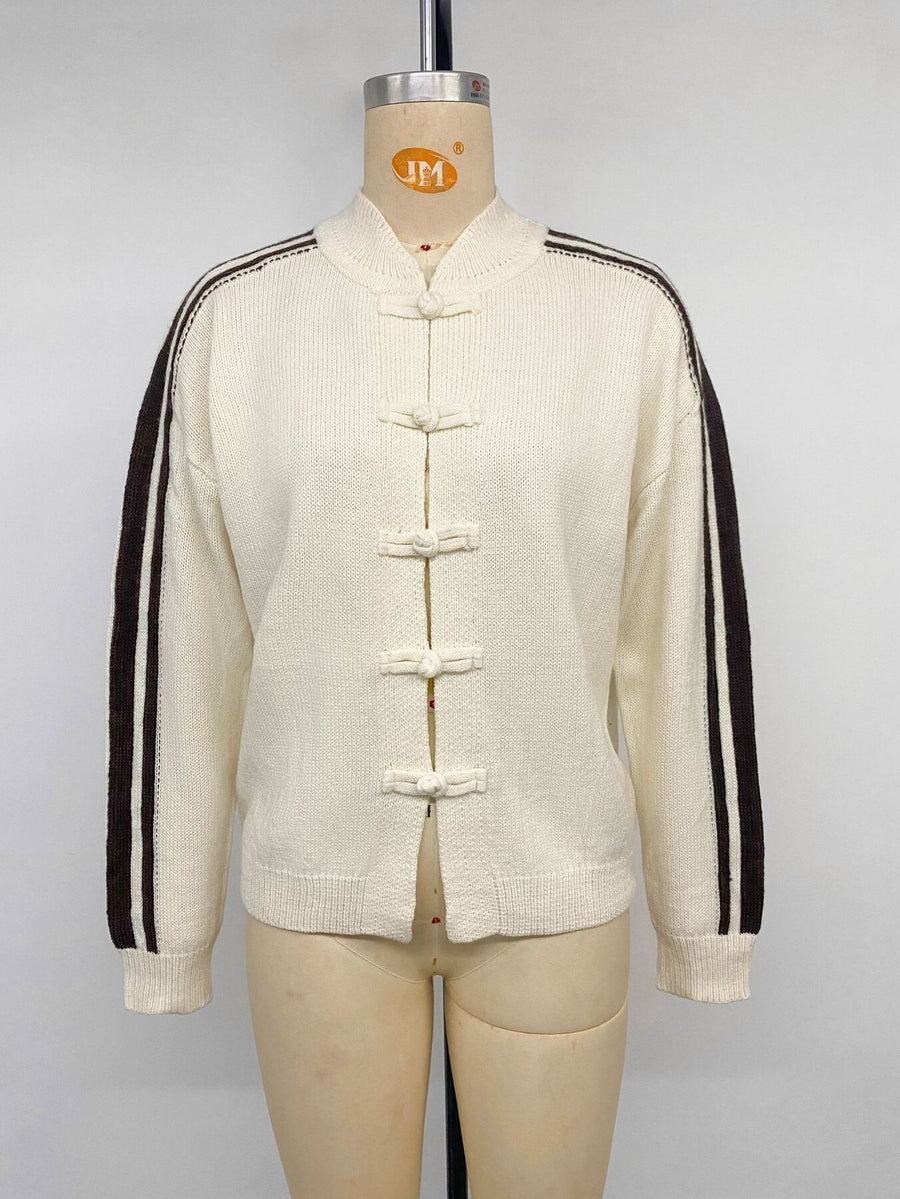 Chinese Knot Button Cardigan With Side Stripes in Apricot with chinese knot buttons