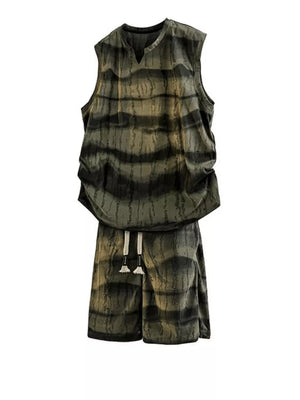 Men's casual striped tank top and shorts set in olive green with drawstring shorts.