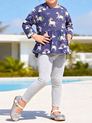 navy blue peplum top with unicorn print and round neck