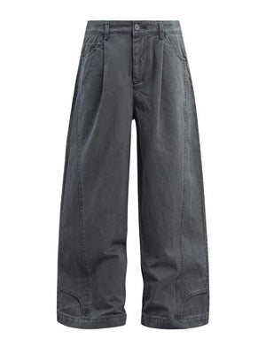 Grey cotton sweatpants with wide legs, button closure, and belt loops.