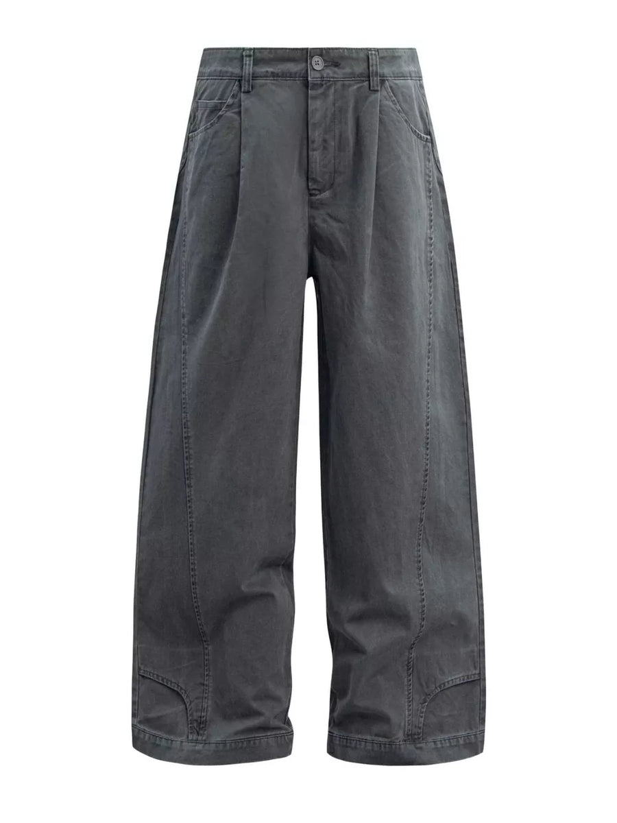 Grey cotton sweatpants with wide legs, button closure, and belt loops.