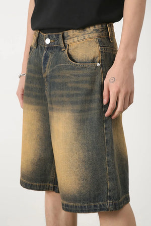 Two-tone washed denim bermuda shorts in olive brown with a relaxed fit.