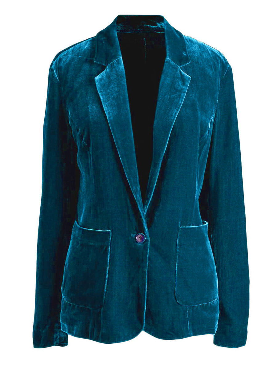 Peacock blue velvet blazer with one button and patch pockets