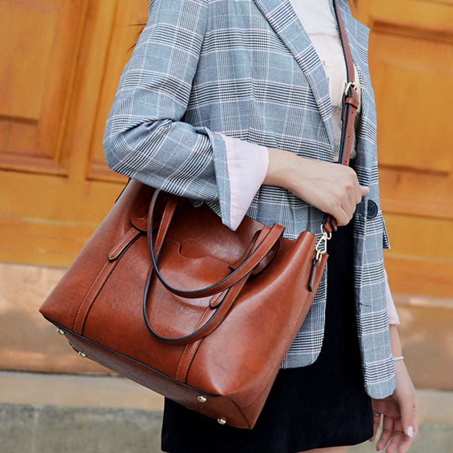 PU Leather Medium Tote Bag in cognac with top handles