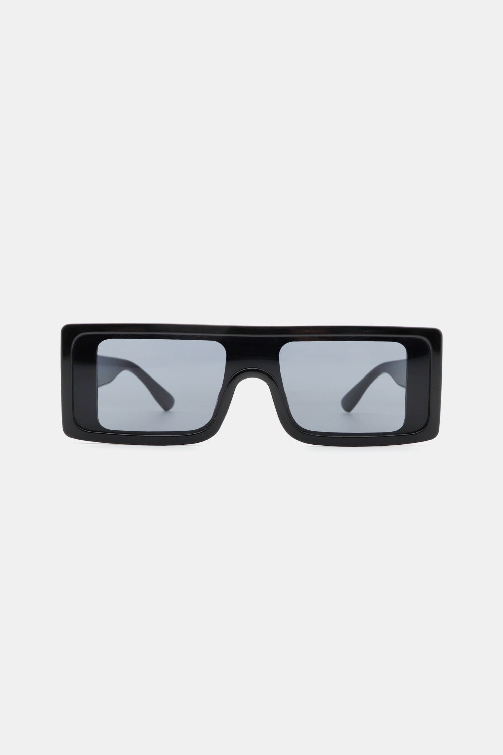 Black rectangular sunglasses with gray lenses and bold frames