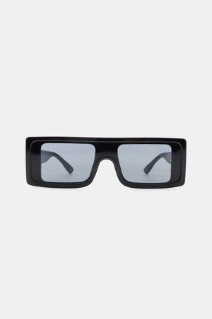 Black rectangular sunglasses with gray lenses and bold frames