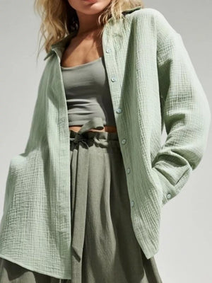 Rose Red button-down shirt with gauze texture and long sleeve