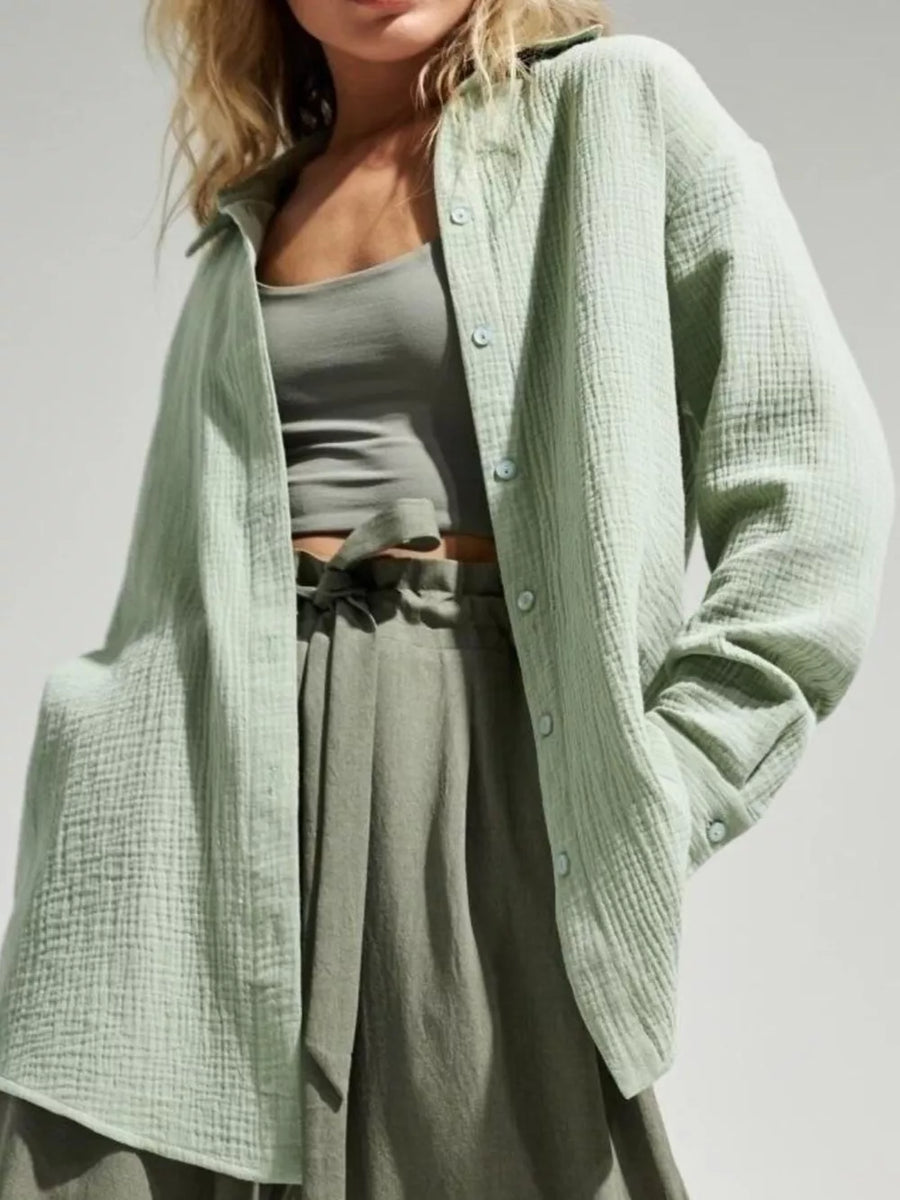Rose Red button-down shirt with gauze texture and long sleeve