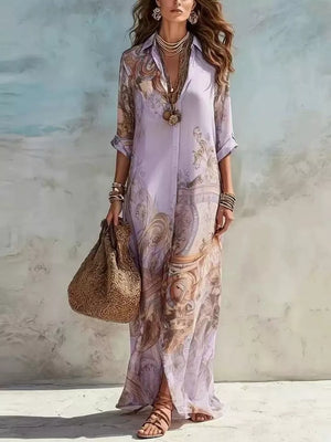 Purple shirt dress with collared and rolled sleeve