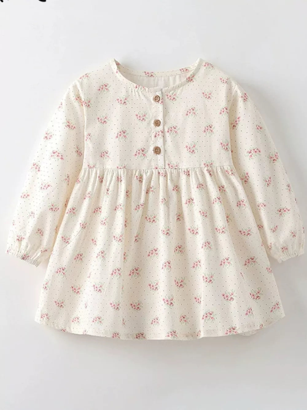 Cream floral print long sleeve toddler dress with button front and gathered waist.