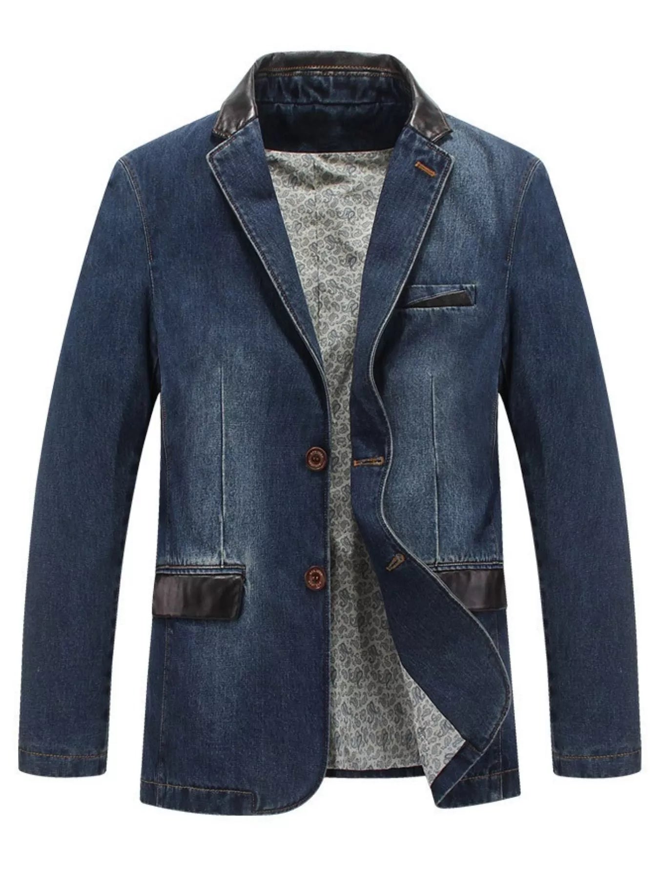 Men's denim blazer in blue with button closure, faux leather accents and patterned lining.