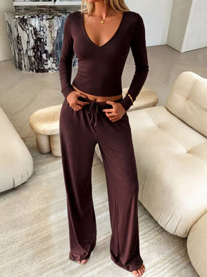 Brown with V-neck Long Sleeve Top And Wide-leg Pants Set in Brown