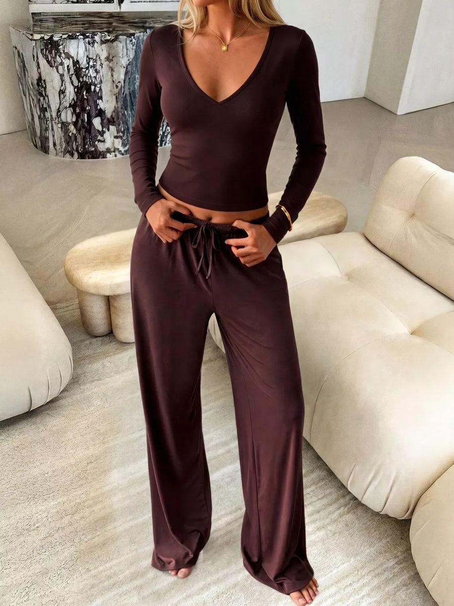 Brown with V-neck Long Sleeve Top And Wide-leg Pants Set in Brown