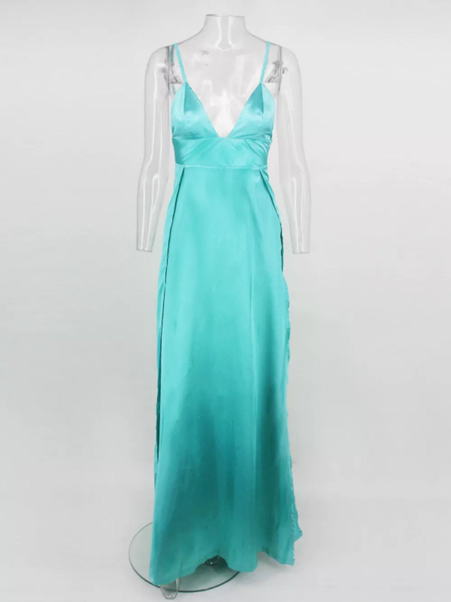 Water Blue maxi dress with unlined and spaghetti strap