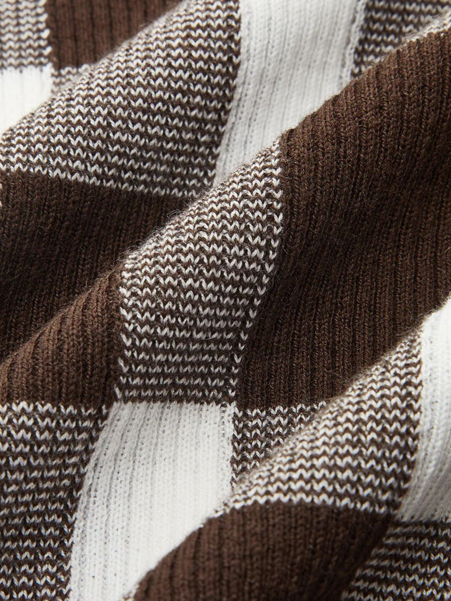mock neck sweater featuring plaid in Dark Brown with 100% polyester Care instructions: Machine wash cold texture