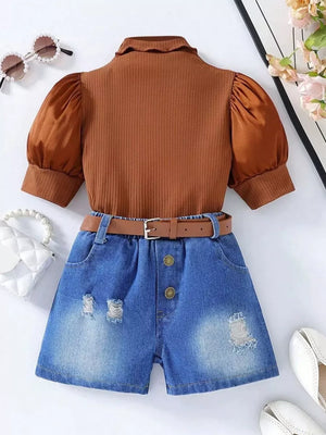 Children's Puff Sleeve Top And Denim Shorts Set