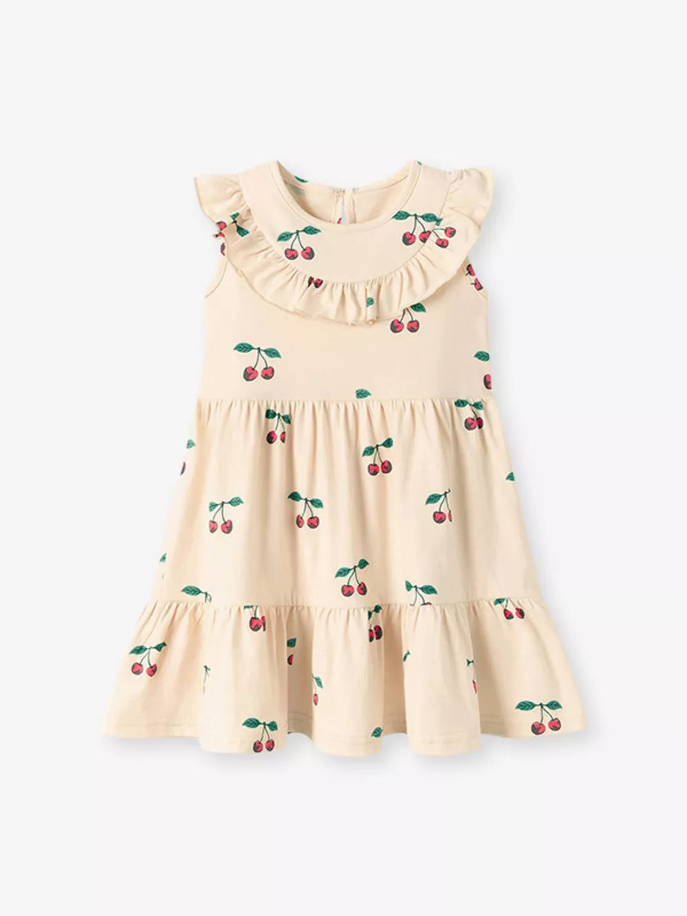 Apricot cherry print tiered dress with ruffle neck and hem.