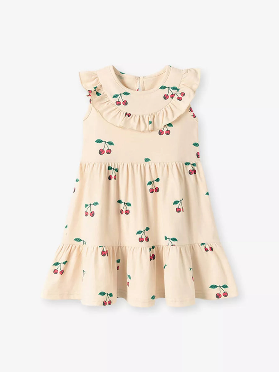 Apricot cherry print tiered dress with ruffle neck and hem.