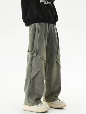 Vintage-inspired wide-leg cargo jeans in washed grey denim with multiple pockets.