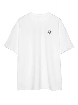 White oversized t-shirt with minimalist black emblem on chest